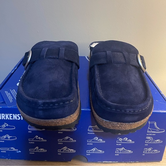 Suede Birkenstock Buckley Shearling in Navy Blue with Silver Hardware - Picture 6 of 15